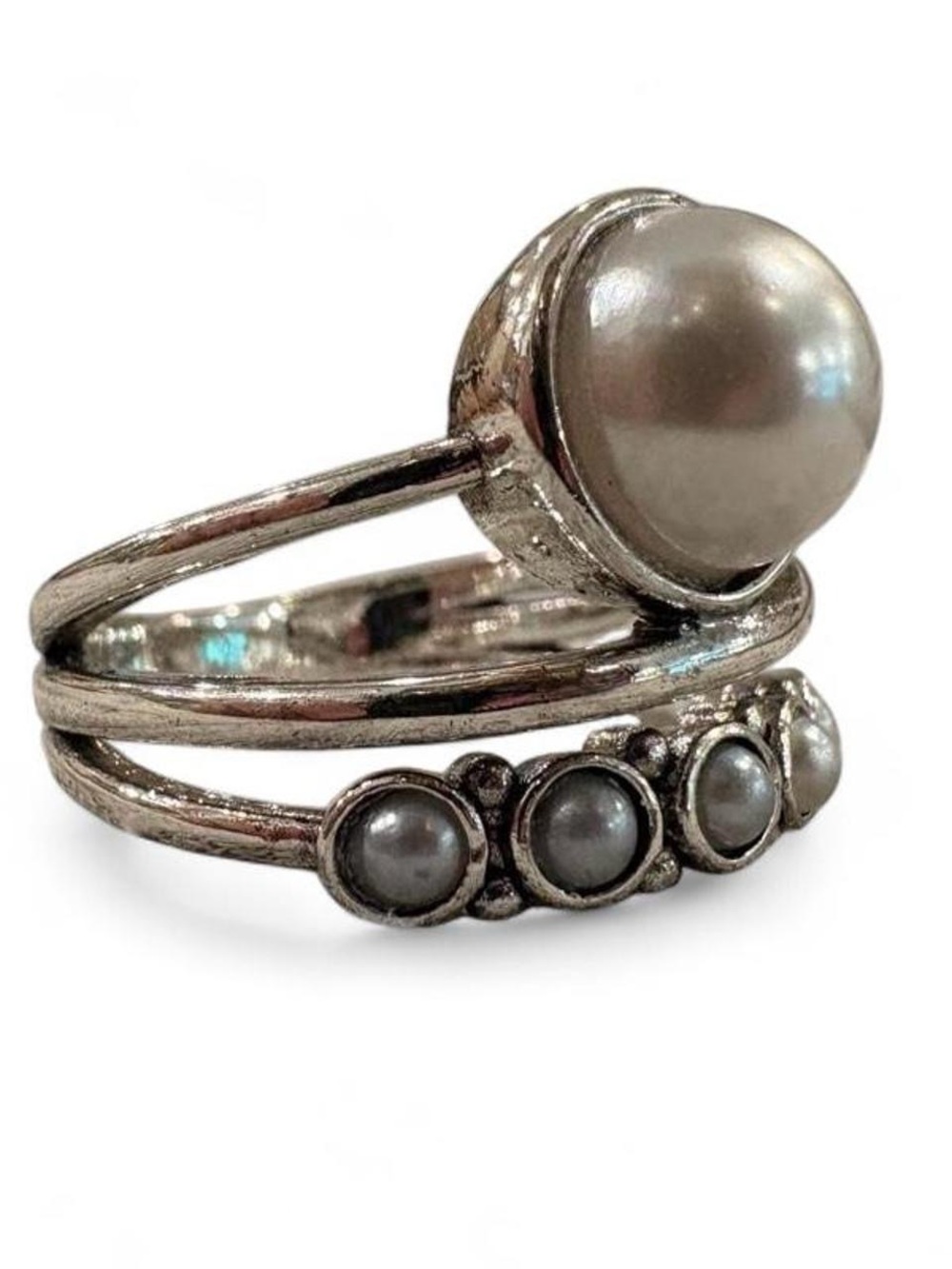 Silver-Tone Faux Pearl Stacked Ring
